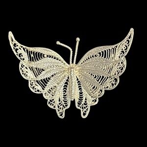 Vintage Sterling Silver Filigree‎ Butterfly Brooch Pin Fine Wirework 1.5"